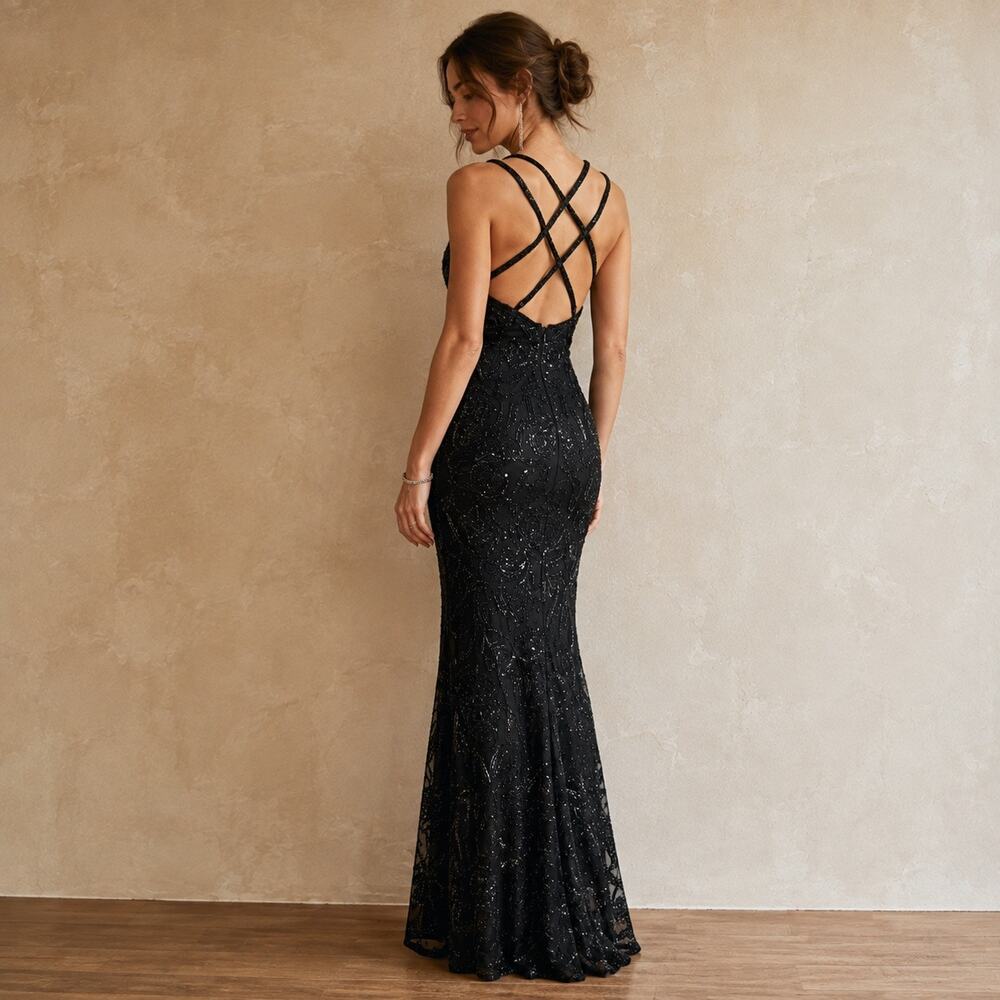 Sherri Hill Black Beaded Sequin Maxi Gown XS Strappy Back Formal Prom Dress